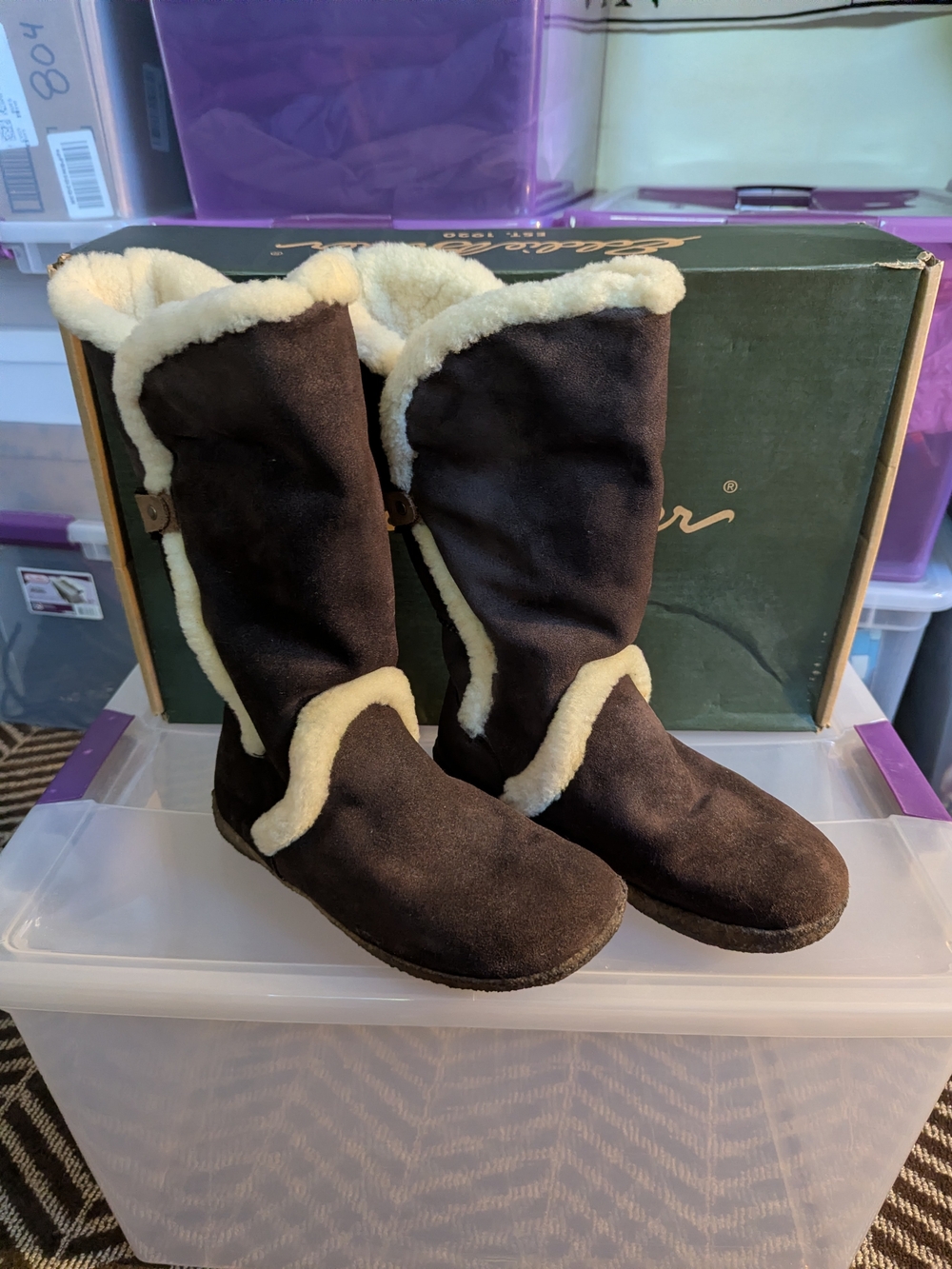 Eddie Bauer Dark Brown Suede Shearling-Lined Heeled Boots